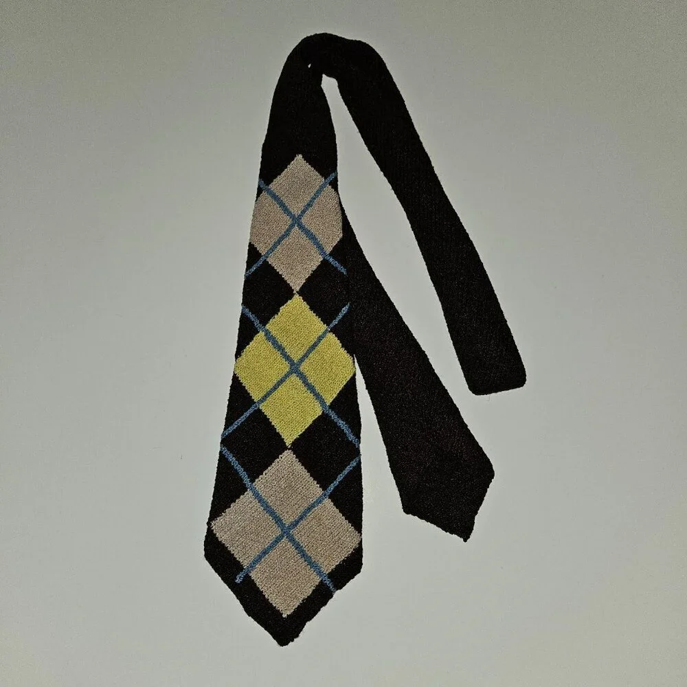 VTG Handmade Knit Neck Tie Argyle Brown Blue Yellow Tan 52